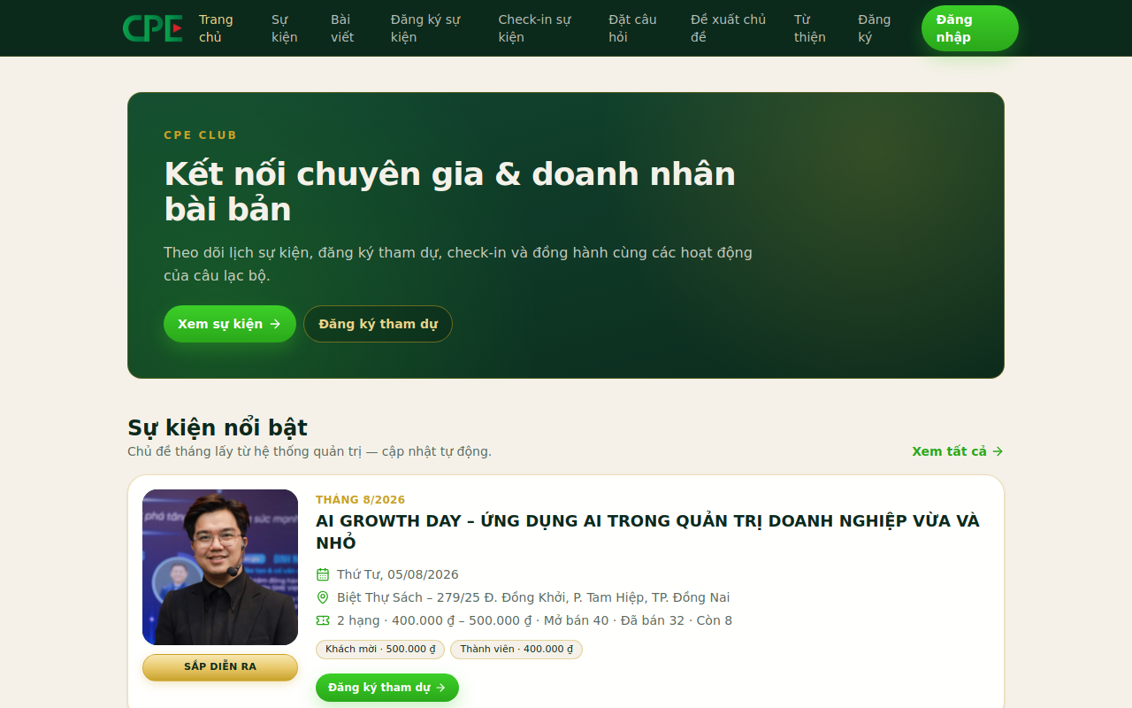 Giao diện trang chủ CPE Club — menu, banner và sự kiện nổi bật