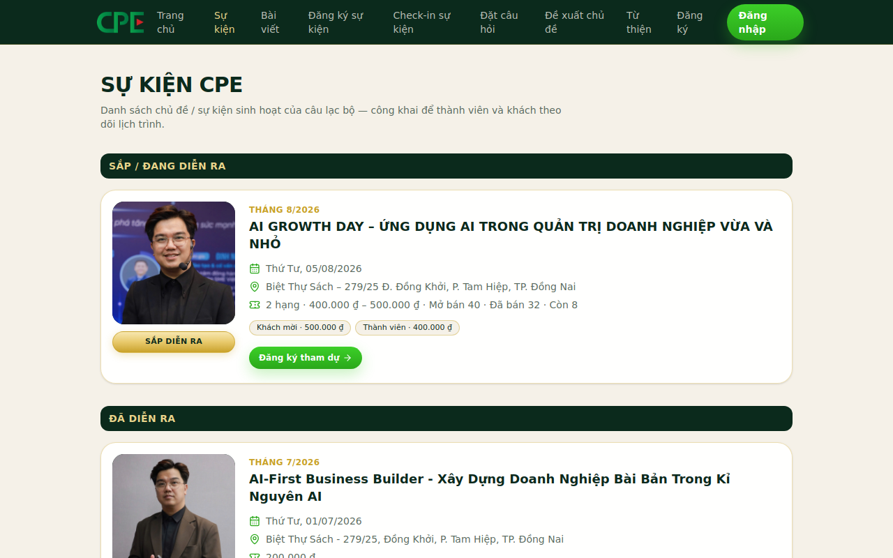 Trang danh sách sự kiện CPE Club