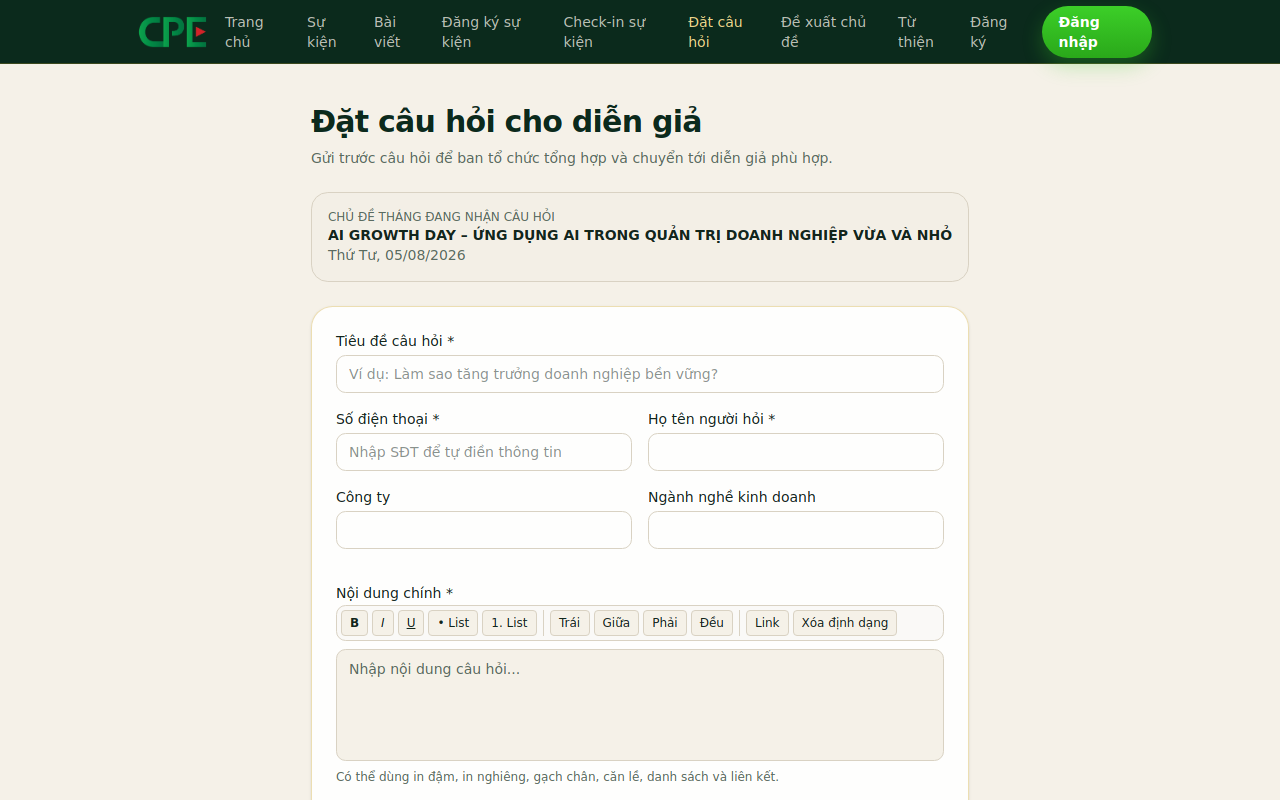Form đặt câu hỏi diễn giả